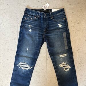 American Eagle Outfitters Men's Airflex Deep Indigo Jeans Ripped Dark Blue 32/34
